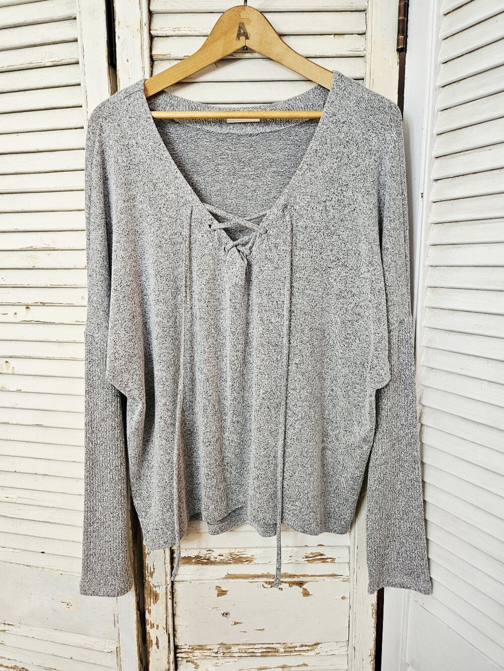 Mind Code Cozy Heather Grey Marled Raglan Sleeve Sweater Lace Up Tie Neck Large